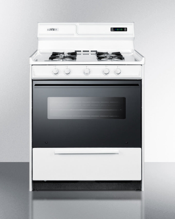 Summit WNM2307DK 30″ Wide Gas Range – White Cabinet / Black Glass Oven Door, 4 × 9,000 BTU Burners, 3.7 cu ft Oven, 24″ Depth