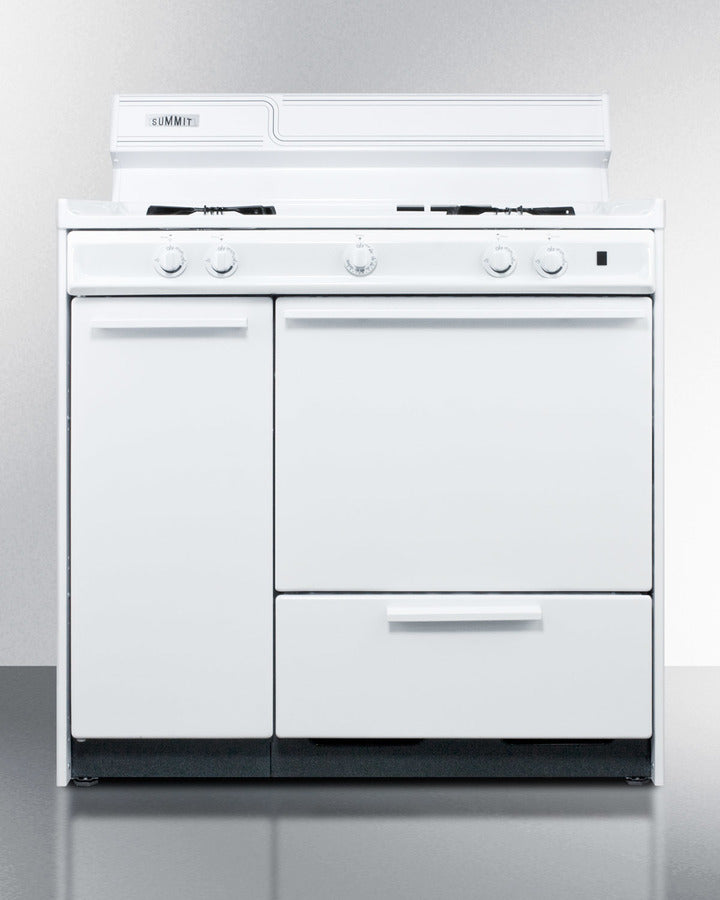 Summit WNM4307 36″ Wide Gas Range – Four Open Burners, 2.9 cu ft Oven, Side Storage Cabinet, White Finish