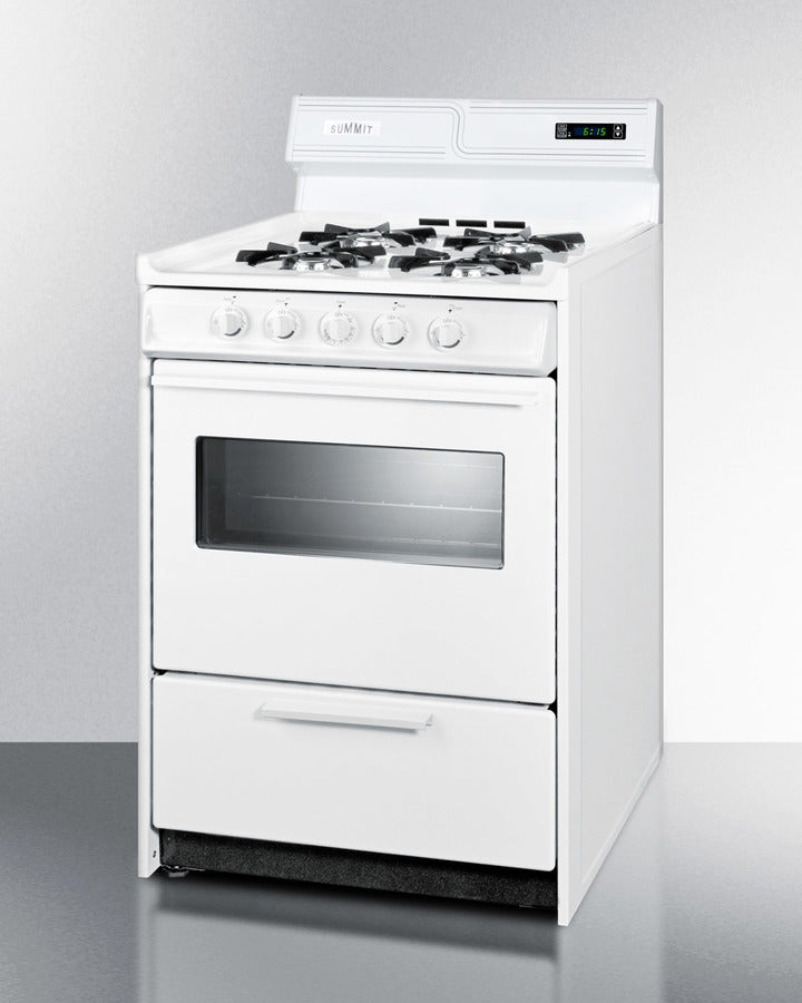 Summit WNM6307KW 24″ Wide Apartment-Size Gas Range – White Finish, 4 × 9,000 BTU Open Burners, 2.92 cu ft Oven, Digital Clock/Timer