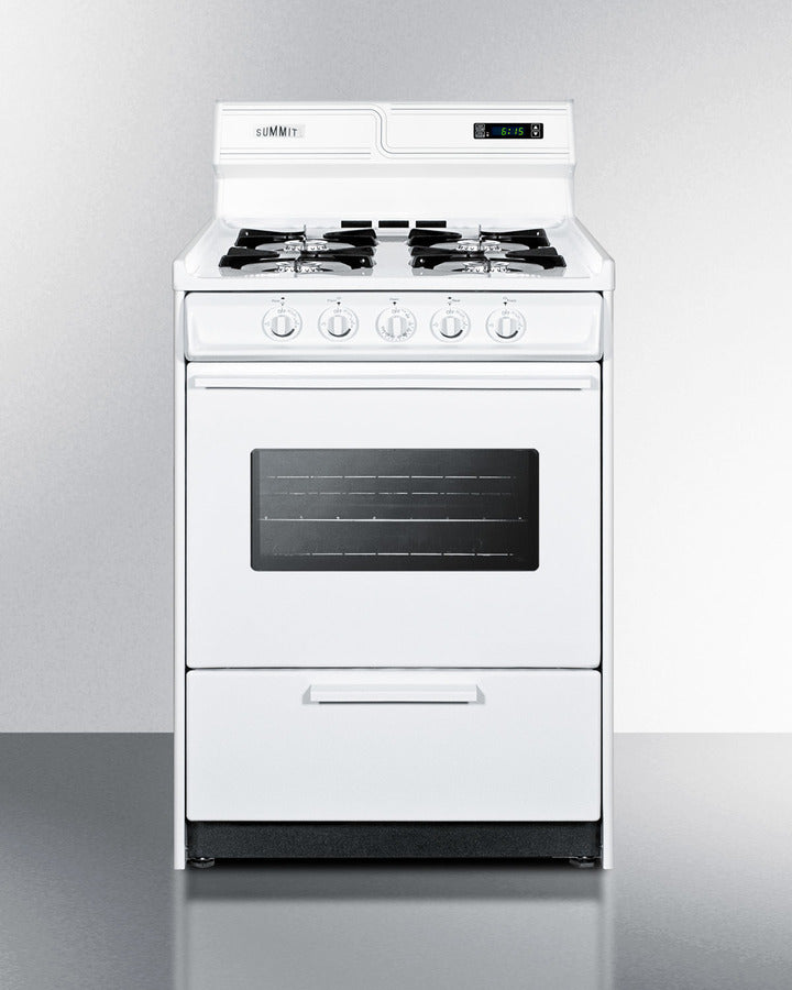 Summit WNM6307KW 24″ Wide Apartment-Size Gas Range – White Finish, 4 × 9,000 BTU Open Burners, 2.92 cu ft Oven, Digital Clock/Timer