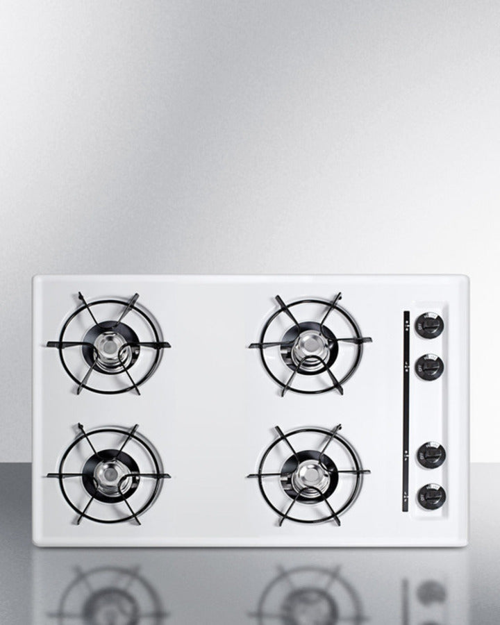 Summit WNL053 30″ Wide 4-Burner Gas Cooktop – White Porcelain Surface, Open-Burner Design, Made in USA